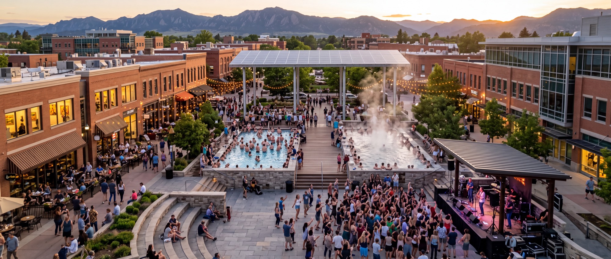 A brick main street at dusk. A large public thermal pool full of bathers steams in the middle of a paved square, roofed at one end by a solar canopy on slim columns. Crowds fill the square, string lights run between the buildings, a band plays on a covered stage to the right, and restaurant terraces line the shopfronts on both sides. Foothills and a sunset sky behind.