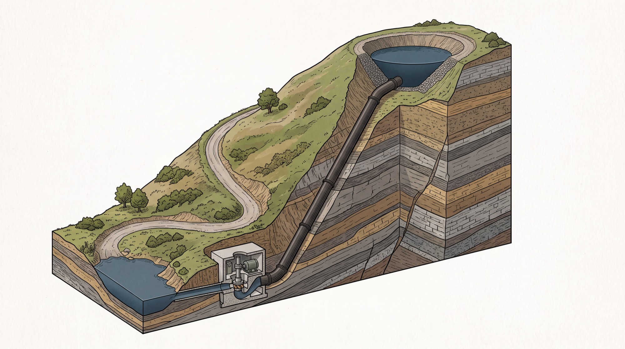Isometric geological cutaway illustration on a white ground. A grassed hillside is cut away to reveal flat-lying sedimentary rock in bands of tan, grey and ochre. A small upper reservoir sits in a bowl at the top of the slope. A steel penstock runs down through the rock at an angle to a powerhouse cut into the hill at the bottom, which opens onto a lower reservoir. A service road switchbacks up the grassed surface above.