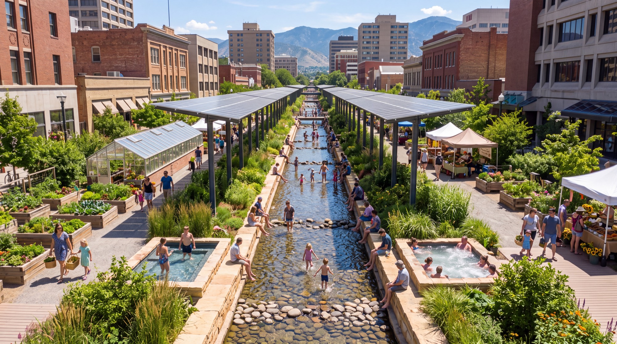 A downtown river channel on a bright summer day, walled in stone and lined on both banks with raised planting beds, a small glasshouse, and market stalls under white canopies. Long solar pergolas on slim columns shade the walkways. People wade in the shallow stream over a rock riffle and sit in small stone plunge pools set into the banks. Brick and stone city buildings rise on both sides with mountains at the end of the street.